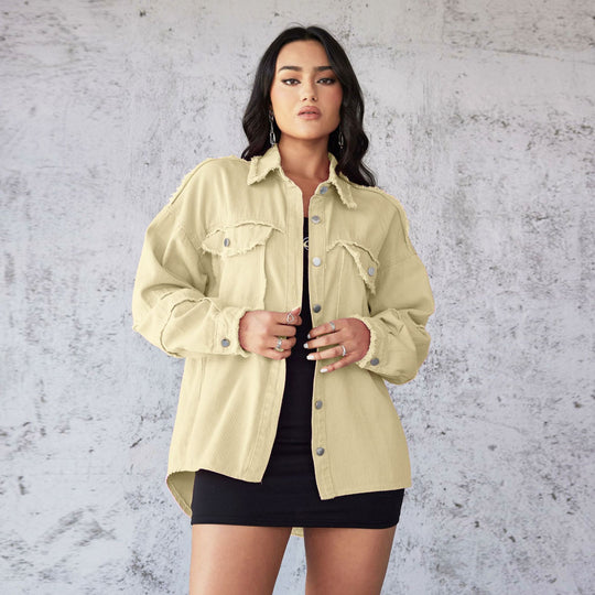 Damen Denim Bluse mit lässigem Schnitt und dekorativen Fransen Heidi-Mode