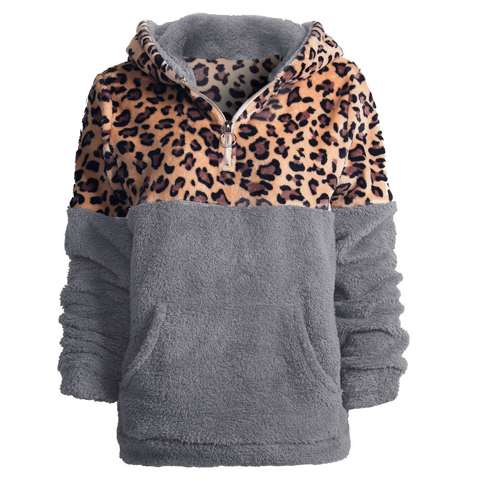 Damen kuscheliger Kapuzenpullover mit aufregendem Leopardenmuster und Kängurutasche Heidi-Mode