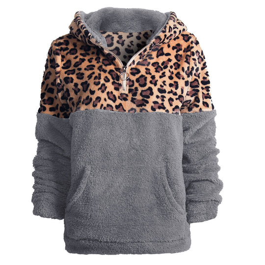Damen kuscheliger Kapuzenpullover mit aufregendem Leopardenmuster und Kängurutasche Heidi-Mode