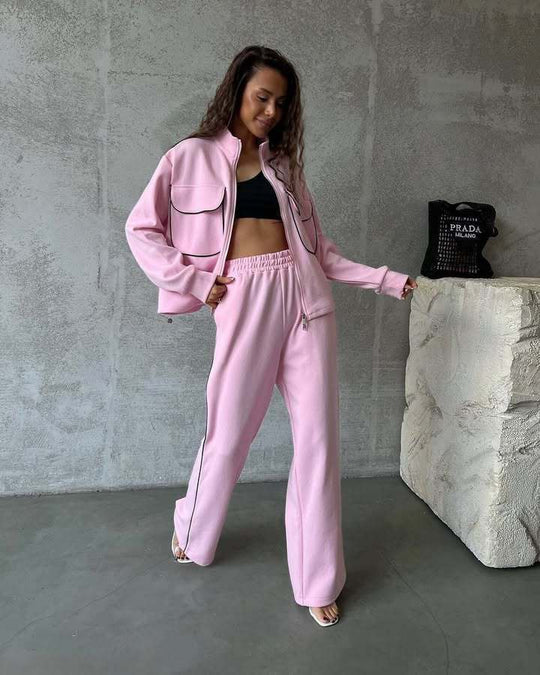 Damen lässiges Sport-Loungewear-Set mit praktischen Taschen und hohem Kragen Heidi-Mode