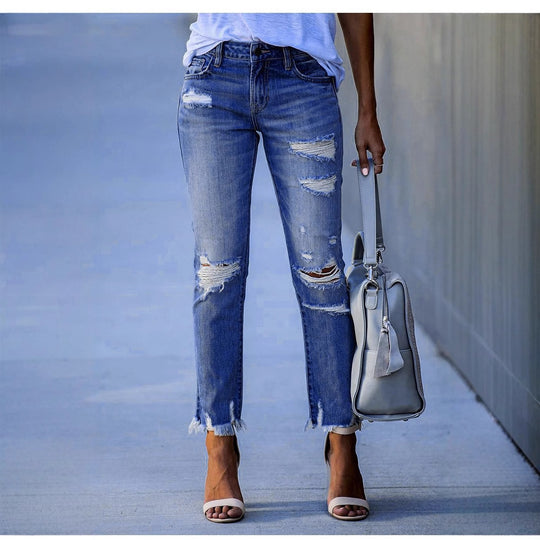 Damen Ripped Jeans im modernen Vintage-Look mit fransigen Säumen Heidi-Mode