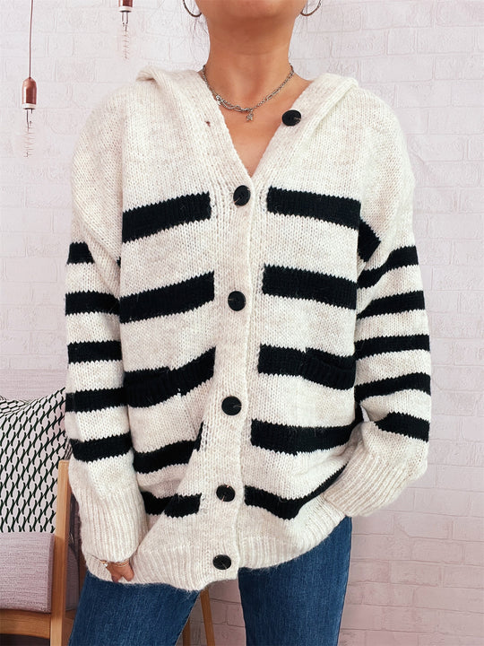 Damen oversized Strickjacke mit kontrastierenden Streifen und Kapuze Heidi-Mode