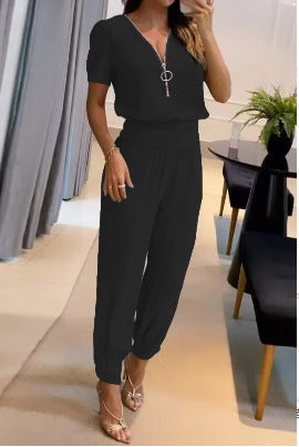 Damen Jumpsuit mit V-Ausschnitt und Gummizug Heidi-Mode