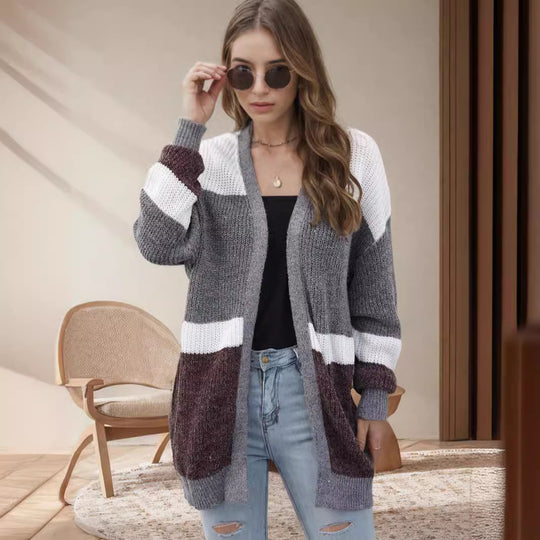 Damen lockere Strickjacke mit modischem Streifenmuster Heidi-Mode