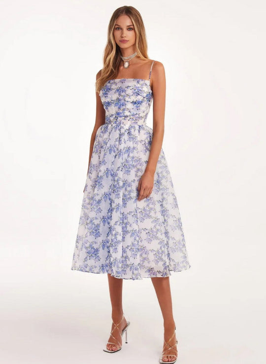 Damen Midi-Kleid mit elegantem Chiffon und floralen Applikationen Heidi-Mode