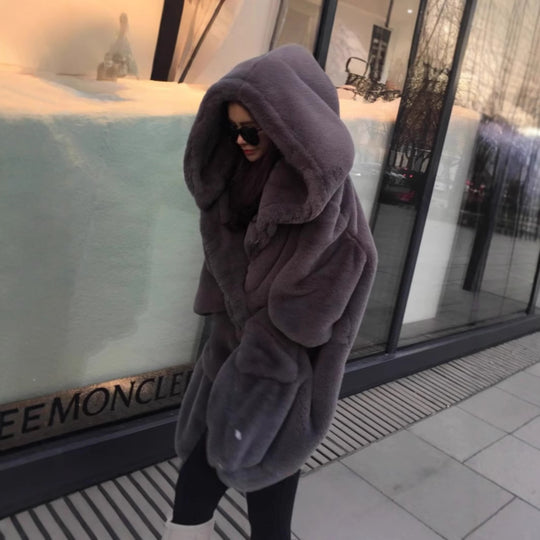 Damen Übergroßer Kunstfellmantel mit Kapuze und Taschen Heidi-Mode