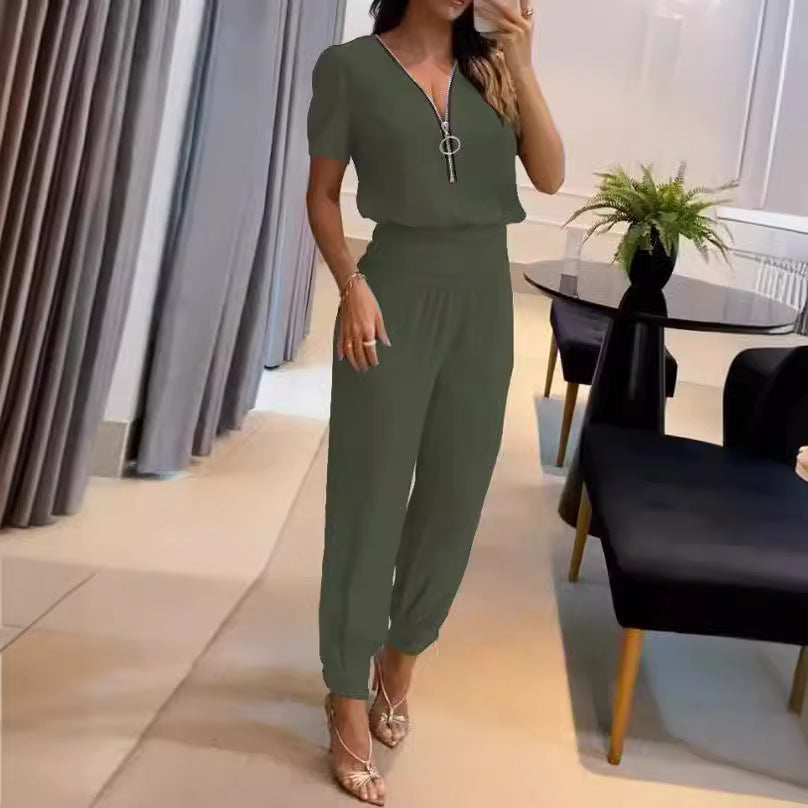 Damen Jumpsuit mit V-Ausschnitt und Gummizug Heidi-Mode