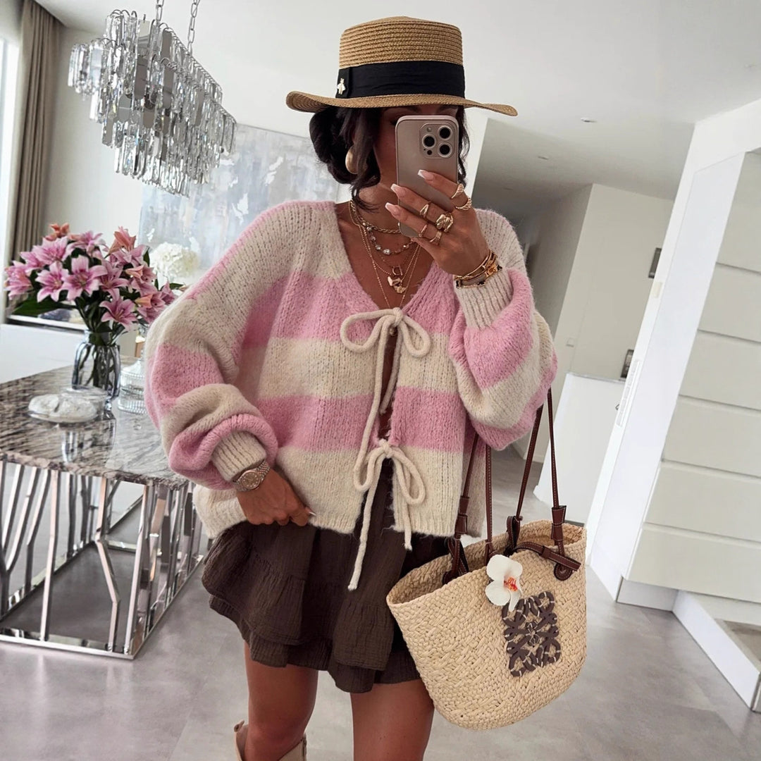 Damen lockere Strickjacke mit breiten Streifen und Bindegürtel Heidi-Mode