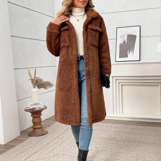 Damen Teddyfell Mantel mit praktischen Taschen und übergroßem Schnitt Heidi-Mode