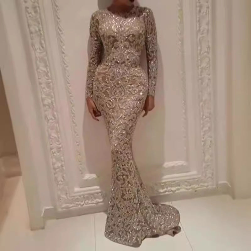 Damen Glamouröses Hochzeitskleid mit funkelnden Pailletten und langen Ärmeln Heidi-Mode