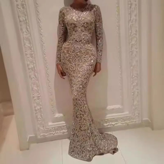 Damen Glamouröses Hochzeitskleid mit funkelnden Pailletten und langen Ärmeln Heidi-Mode