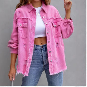 Damen Stylische Overshirt-Jacke mit fransigem Saum Heidi-Mode