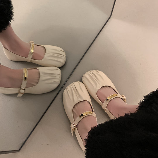 Damen elegante Mary Janes mit modischem Riemchen und feiner Faltenstruktur Heidi-Mode