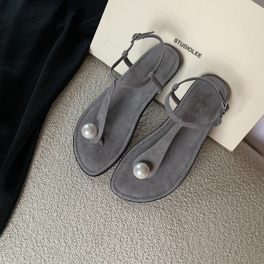 Damen Perlenverzierte T-Strap Flache Sandalen Heidi-Mode