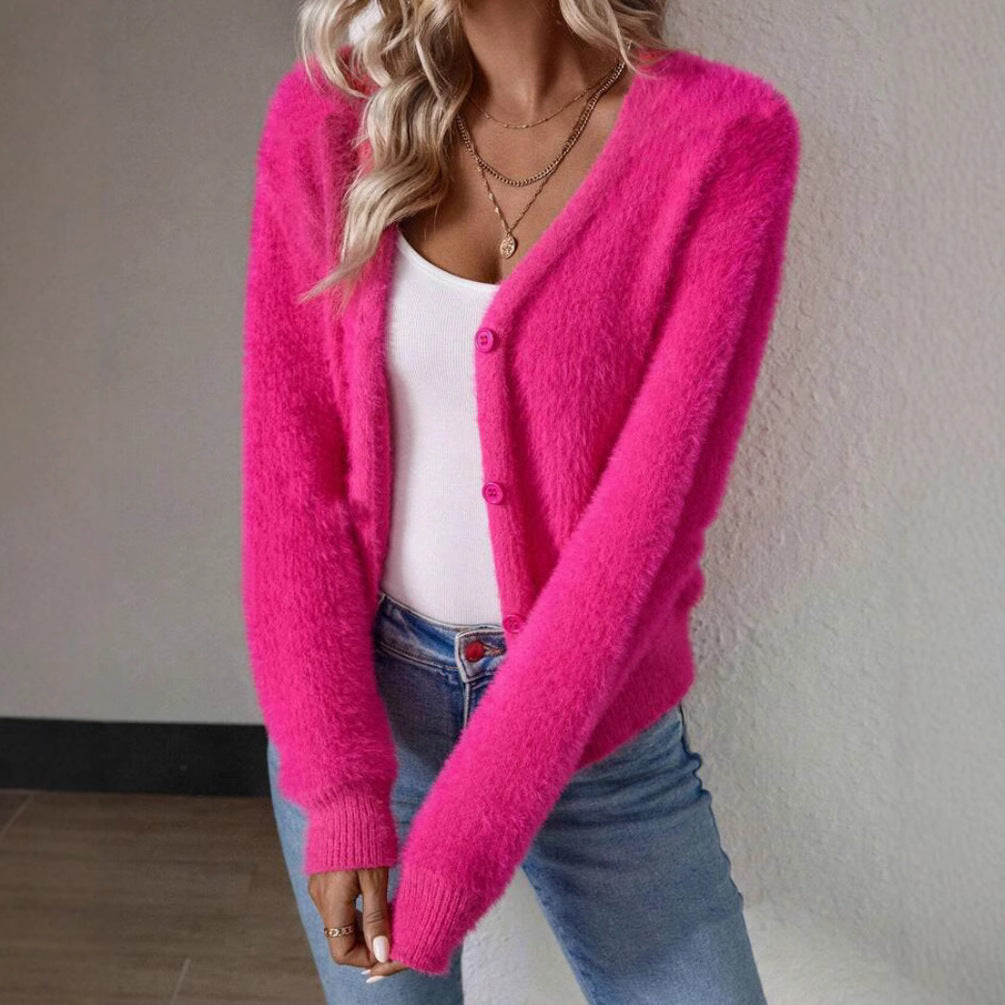 Damen Flauschiger V-Ausschnitt Cardigan mit Knopfdetail Heidi-Mode
