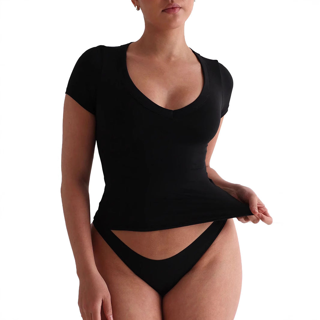 Damen figurbetontes V-Neck T-Shirt mit kurzen Ärmeln Heidi-Mode