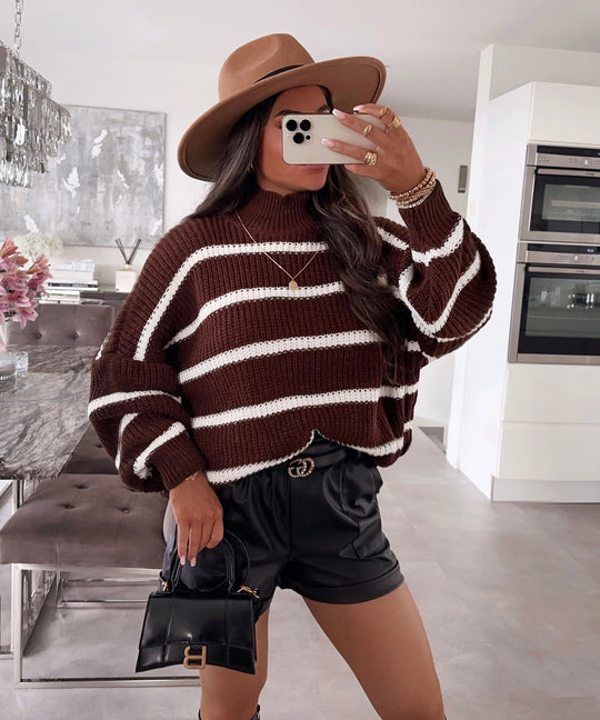 Damen gestreifter Oversized-Pullover mit modischem Rollkragen Heidi-Mode