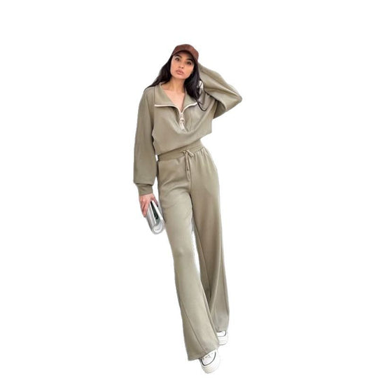 Damen gemütliches Fleece-Loungewear-Set mit hochgezogenem Kragen und lockerer Passform Heidi-Mode