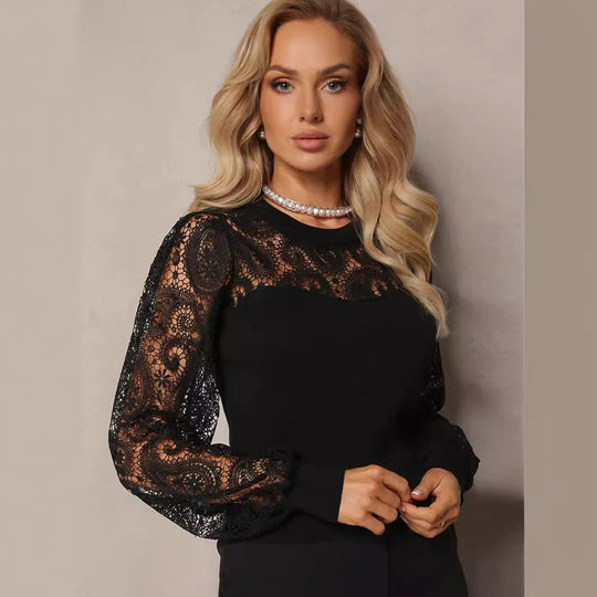 Damen Strickoberteil mit eleganten Häkelelementen Heidi-Mode