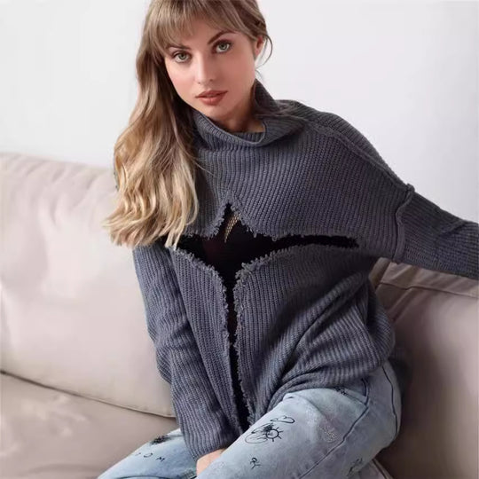 Damen Oversized Strickpullover mit aufregendem Mesh-Einsatz und unkonventionellem Design Heidi-Mode