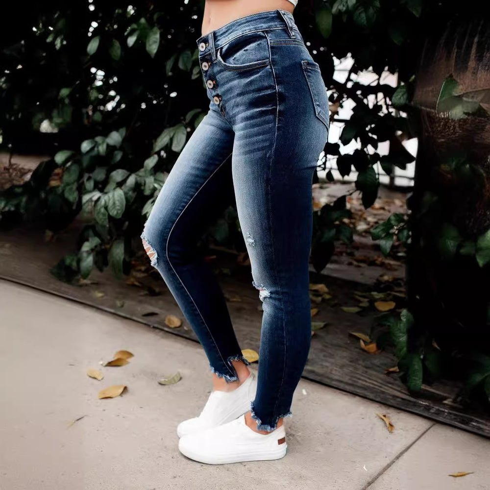 Damen Ripped Skinny Jeans mit hohen Knöpfen und ausgefranstem Saum Heidi-Mode