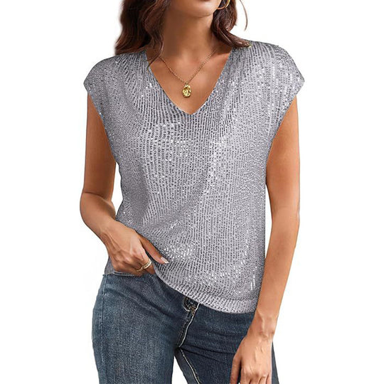 Heidi Mode | Damen Sexy V-Ausschnitt Pailletten Perlglanz Weste