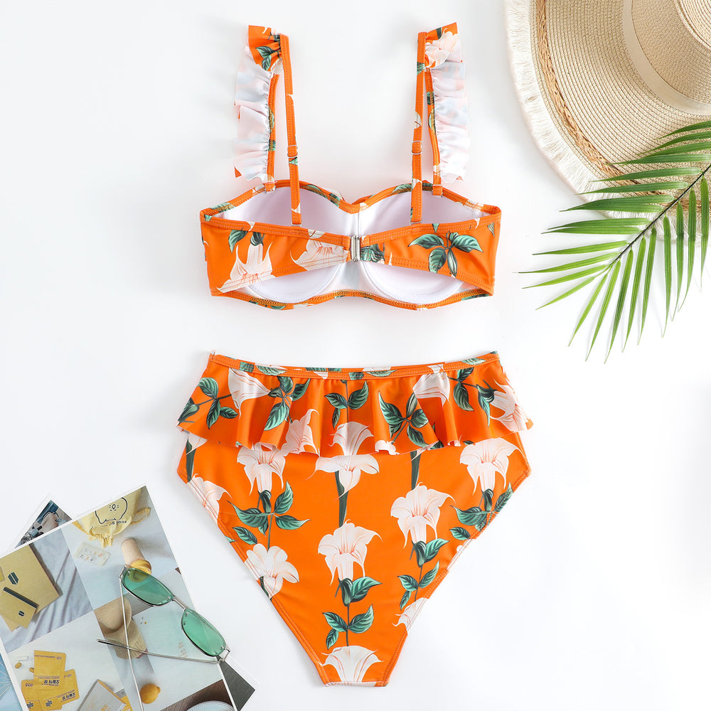 Damen Bikini-Set mit floralem Rüschendesign und passendem Wickelrock Heidi-Mode
