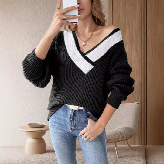 Damen oversized V-Pullover mit strukturiertem Rippstrickdesign Heidi-Mode