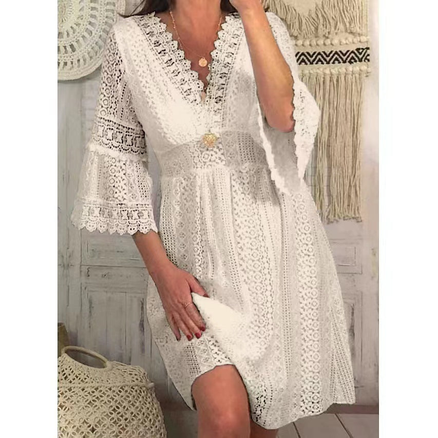 Heidi Mode | V-Ausschnitt hohle Spitze Horn Ärmel Kleid Rock