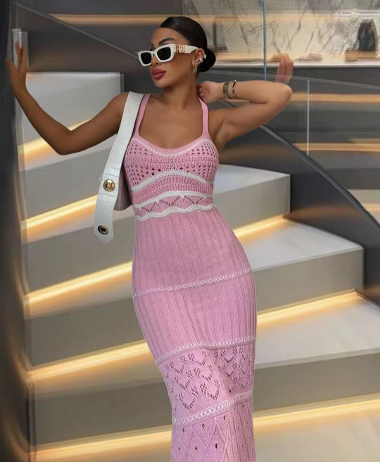 Damen Strick-Maxikleid mit raffinierten Häkelmustern und seitlichem Schlitz Heidi-Mode
