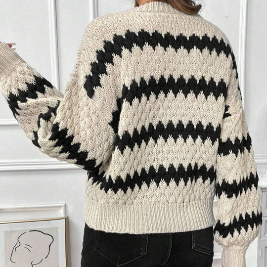 Damen Grobstrickpullover mit geometrischem Muster und voluminösen Ärmeln Heidi-Mode
