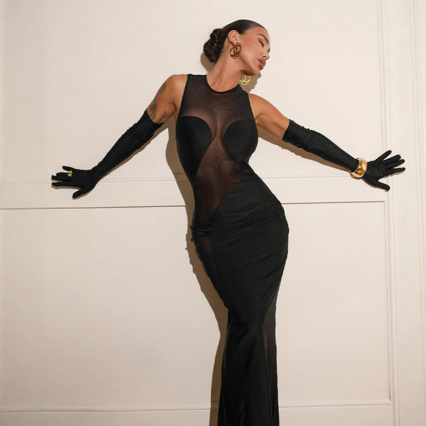 Damen Maxi-Kleid mit transparenten Einsätzen und figurformendem Schnitt Heidi-Mode
