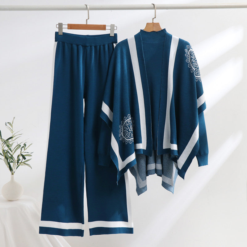 Damen elegantes Strick-Loungewear-Set mit grafischem Muster und weiten Ärmeln Heidi-Mode