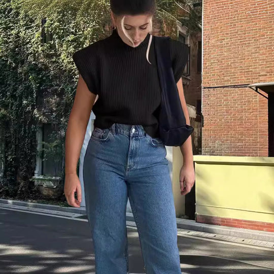 Damen Stricktop mit Stehkragen und Puffärmeln Heidi-Mode