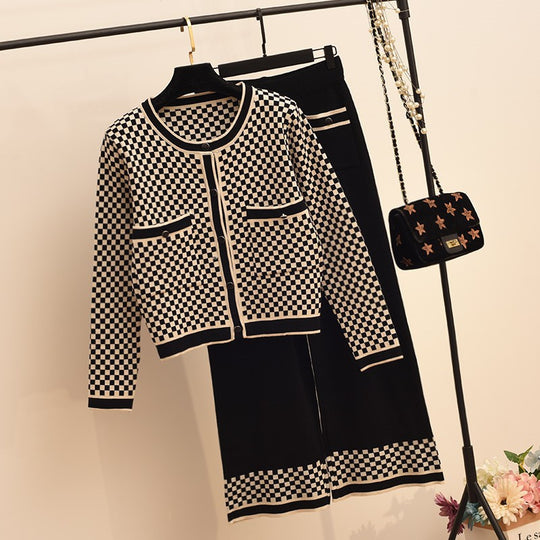 Damen Karomuster Strickensemble mit praktischen Taschen Heidi-Mode