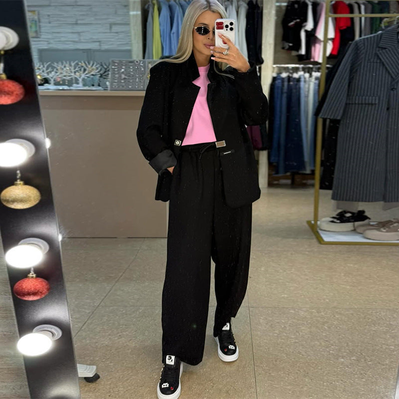 Damen lässige Sweater-Blazer-Kombination mit weit geschnittenen Hosen Heidi-Mode