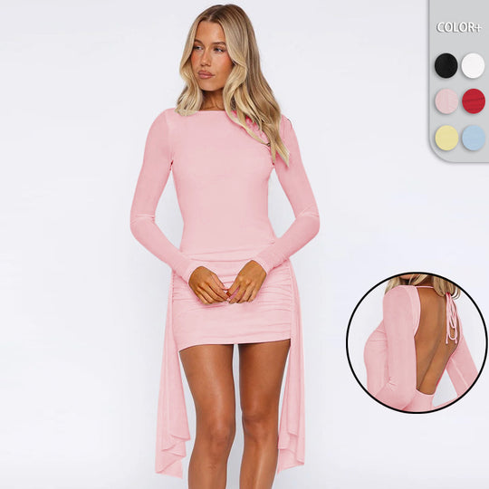 Damen elegantes Wickelkleid mit asymmetrischem Saum und langen Ärmeln Heidi-Mode