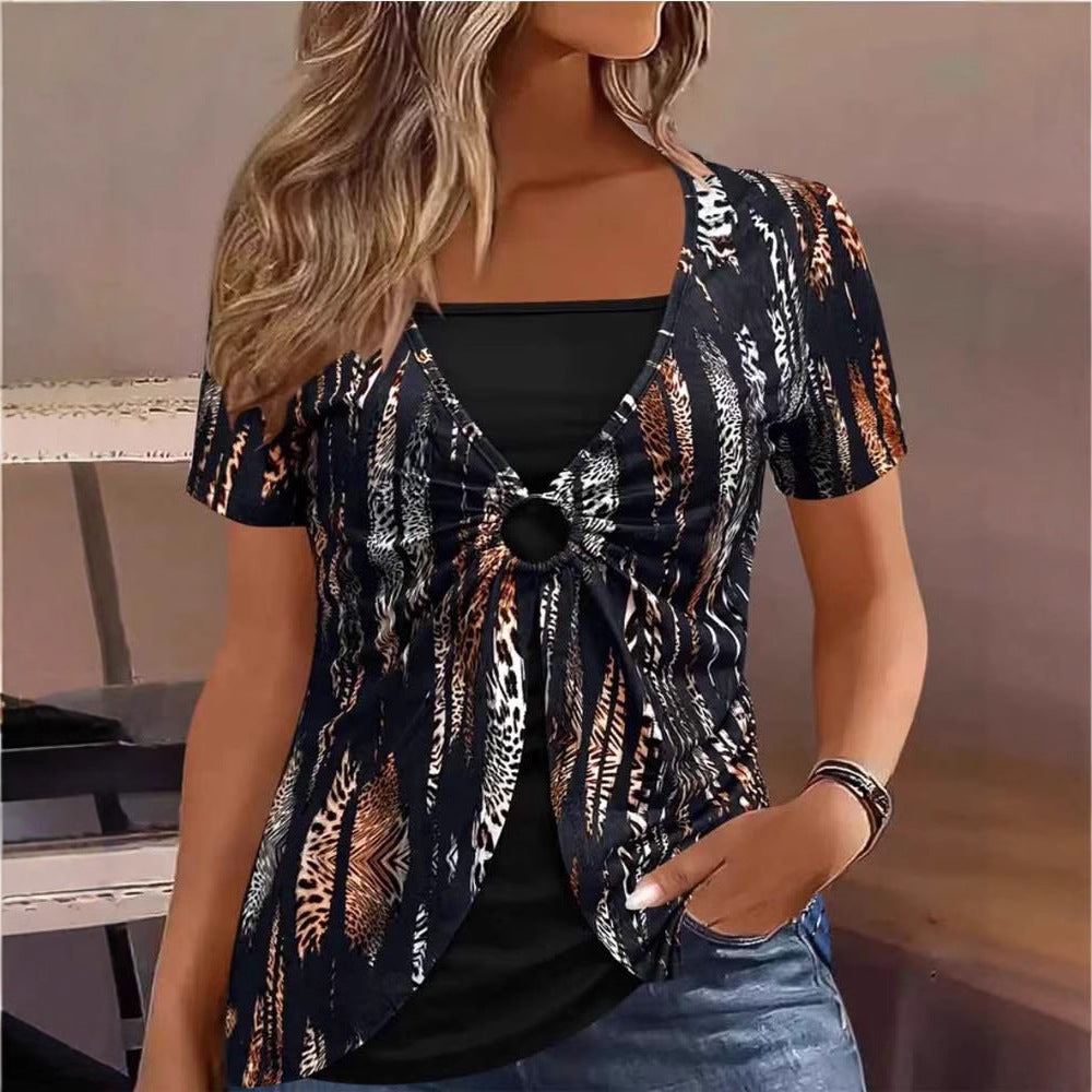 Damen lässiges Oberteil mit modischem Knotendetail und animalischem Print Heidi-Mode