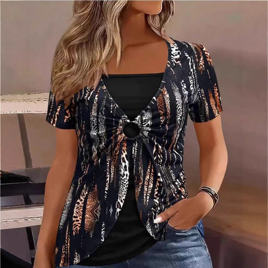 Damen lässiges Oberteil mit modischem Knotendetail und animalischem Print Heidi-Mode