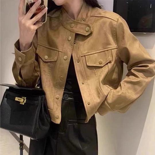 Damen Modische Kurzjacke im Stilmix mit Taschen und Knopfdetails Heidi-Mode