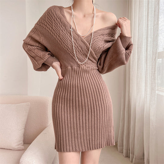 Damen Elegantes Strickkleid mit V-Ausschnitt und strukturiertem Oberteil Heidi-Mode
