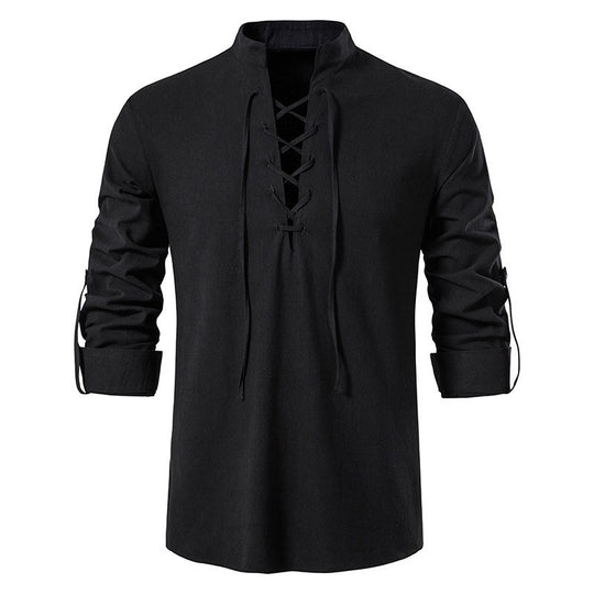 Herren lässiges Langarmhemd mit modernem Schnürdesign und hochqualitativer Baumwolle Heidi-Mode