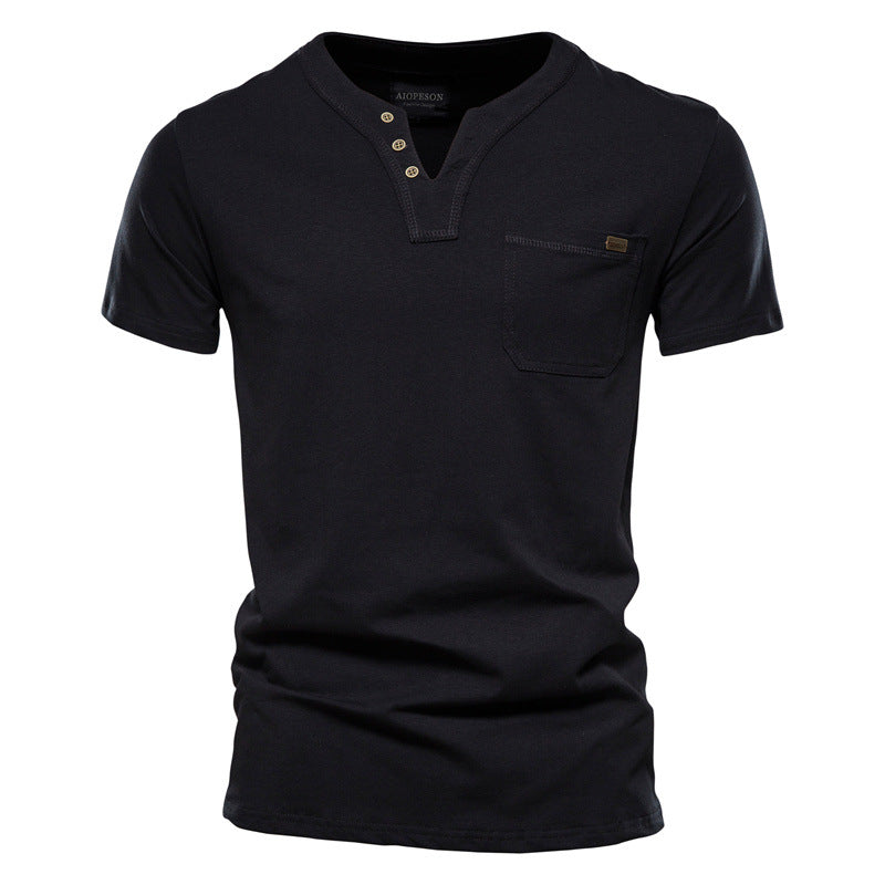 Herren V-Ausschnitt T-Shirt mit Druckknöpfen und Brusttasche Heidi-Mode