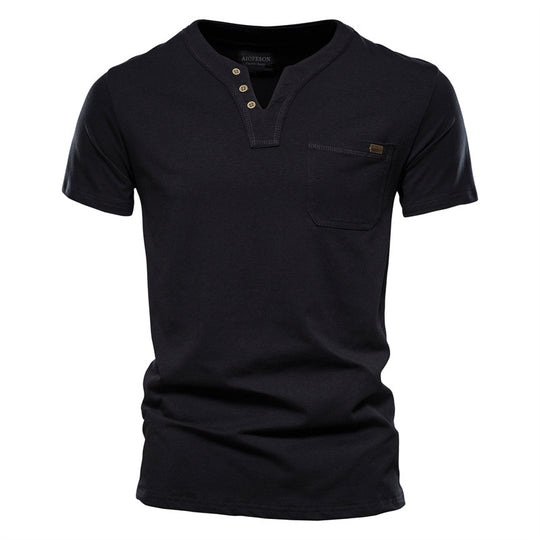 Herren V-Ausschnitt T-Shirt mit Druckknöpfen und Brusttasche Heidi-Mode
