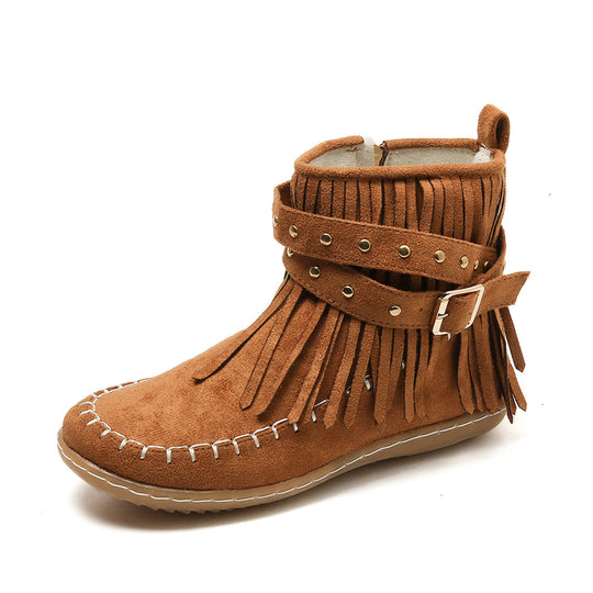 Damen Moccasin-Stiefeletten mit Fransen und dekorativem Schnallen-Design Heidi-Mode