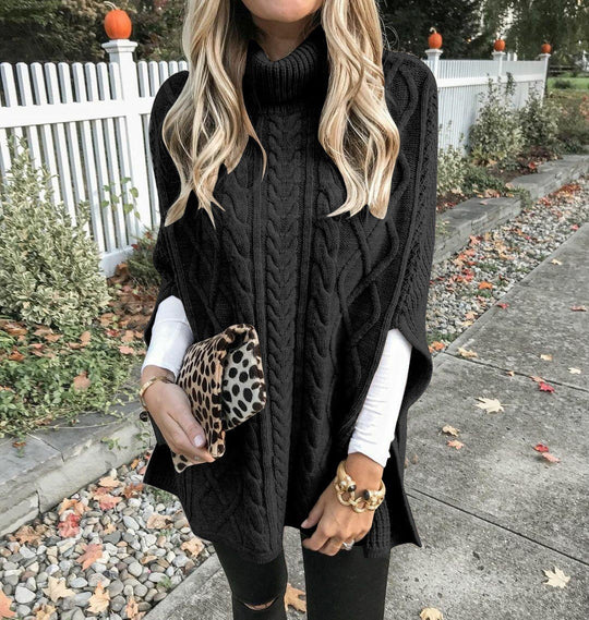 Damen Kuschelponcho mit hohem Kragen und Zopfmuster Heidi-Mode