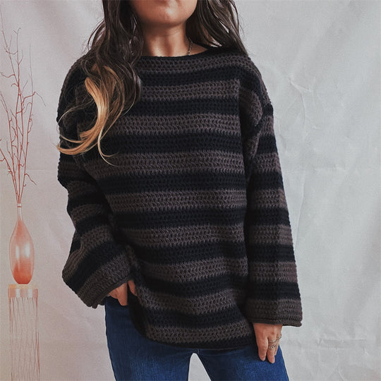 Damen lässiger Strickpullover mit kontrastierenden Streifen und weitem Schnitt Heidi-Mode