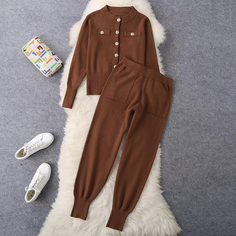 Damen elegantes Strickanzug-Set mit Knopfdétails Heidi-Mode
