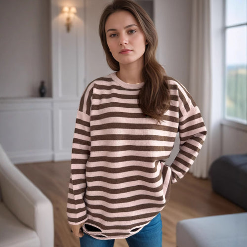 Damen lässiger Oversize-Pullover mit breiten Streifen Heidi-Mode