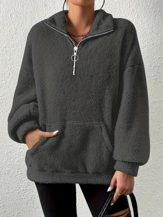 Damen kuscheliger Fleece-Pullover mit halbem Reißverschluss und Seitentaschen Heidi-Mode